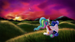 Size: 3840x2160 | Tagged: safe, artist:qbellas, princess celestia, princess luna, alicorn, pony, between dark and dawn, g4, duo, high res, hug, royal sisters, winghug