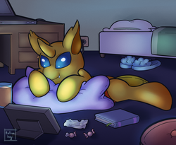 Size: 1320x1080 | Tagged: safe, artist:talimingi, oc, oc only, oc:ren the changeling, changedling, changeling, bed, book, candy, changedling oc, changeling oc, clothes, computer, cute, desk, food, laptop computer, ocbetes, pillow, slippers, tablet, yellow changeling