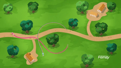 Size: 1366x768 | Tagged: safe, screencap, pinkie pie, rainbow dash, pony, g4, my little pony: rainbow roadtrip, aerial view, apple tree, building, discovery family logo, grass, house, rainbow trail, road, speed trail, tree