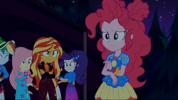 Size: 1366x768 | Tagged: safe, screencap, applejack, fluttershy, pinkie pie, rainbow dash, rarity, sunset shimmer, equestria girls, equestria girls specials, g4, my little pony equestria girls: better together, my little pony equestria girls: sunset's backstage pass, caress, comforting, faic, female, holding each other, scared, shipping fuel