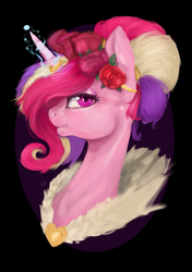 Size: 1763x2507 | Tagged: safe, artist:emilyspark, princess cadance, alicorn, pony, g4, alternate hairstyle, black background, bust, clothes, female, flower, flower in hair, horn, horn ring, lidded eyes, mare, portrait, simple background, solo