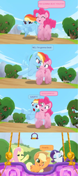 Size: 1368x3056 | Tagged: safe, edit, edited screencap, screencap, applejack, fluttershy, pinkie pie, rainbow dash, rarity, pony, g4, my little pony: friendship is magic, my little pony: rainbow roadtrip, comic, dialogue, flying, hot air balloon, racing, remane five, running, screencap comic, speech bubble