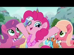 Size: 480x360 | Tagged: safe, screencap, pinkie pie, earth pony, pony, g4, my little pony: friendship is magic, my little pony: rainbow roadtrip, discovery family logo, flower, lei