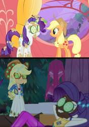 Size: 732x1042 | Tagged: safe, screencap, applejack, rarity, earth pony, pony, unicorn, equestria girls, g4, inclement leather, inclement leather: applejack, look before you sleep, my little pony equestria girls: choose your own ending, armpits, clothes, clothes hanger, comparison, cucumber, curtains, dress, dripping, female, food, golden oaks library, happy, hat, indoors, jacket, leaves, looking at someone, mud, mud mask, outdoors, rain, shipping fuel, smiling, sunglasses, tree, twig, window