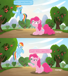 Size: 1366x1534 | Tagged: safe, edit, edited screencap, screencap, pinkie pie, rainbow dash, pony, g4, my little pony: rainbow roadtrip, apple tree, comic, dialogue, discovery family logo, outdoors, screencap comic, speech bubble, tree