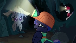 Size: 1920x1080 | Tagged: safe, screencap, princess celestia, princess luna, alicorn, bat, pony, between dark and dawn, g4, season 9, adoration, bare hooves, beautiful, cave, clothes, cute, daaaaaaaaaaaw, exploring, family, female, helmet, mare, mining helmet, mother, open mouth, royal sisters, siblings, sisters, smiling, vacation