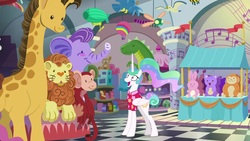 Size: 1920x1080 | Tagged: safe, screencap, princess celestia, alicorn, big cat, cat, giraffe, lion, monkey, pony, rabbit, sloth, between dark and dawn, g4, alternate hairstyle, animal, bare hooves, childish, clothes, cute, cutelestia, excited, fao schwarz, female, folded wings, hawaiian shirt, looking up, manehattan, mare, open mouth, piano mat, plushie, shirt, solo, toy, toy store, vacation, wide eyes, wings