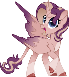 Size: 6000x6656 | Tagged: safe, artist:n0kkun, oc, oc only, oc:shimmering spectacle, alicorn, pony, alicorn oc, base used, curved horn, horn, leonine tail, looking at you, magical lesbian spawn, magical threesome spawn, offspring, open mouth, raised hoof, solo, two toned wings, wings