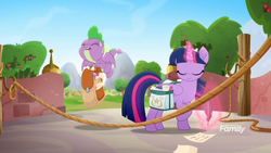 Size: 1366x768 | Tagged: safe, screencap, spike, twilight sparkle, alicorn, dragon, pony, g4, my little pony: rainbow roadtrip, apple tree, backpack, flying, heavy, levitation, lifting, magic, outdoors, paper, quill pen, rope, saddle bag, telekinesis, tree, twilight sparkle (alicorn), winged spike, wings