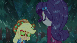 Size: 1920x1080 | Tagged: safe, screencap, applejack, rarity, equestria girls, equestria girls series, g4, inclement leather, spoiler:choose your own ending (season 2), spoiler:eqg series (season 2), animated, clothes, curious, dripping, female, geode of super strength, hat, inclement leather: applejack, jacket, looking around, looking at someone, magical geodes, mud, outdoors, rain, raised eyebrow, smiling, sound, standing up, sunglasses, surprised, webm, wet hair, wet hairity, what the hay?