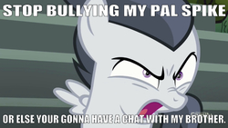 Size: 642x362 | Tagged: safe, edit, edited screencap, editor:undeadponysoldier, screencap, rumble, pegasus, pony, g4, marks and recreation, angry, bleachers, caption, colt, defending, discovery family logo, image macro, implied garble, implied spike, implied thunderlane, looking at you, male, offscreen character, open mouth, solo, spike justice warriors, spikelove, text, threatening
