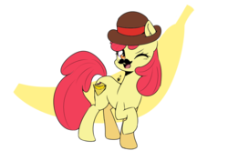 Size: 842x595 | Tagged: safe, artist:shelltoon, apple bloom, earth pony, pony, g4, atg 2019, banana, bananabloom, disguise, dishonorapple, facial hair, fake cutie mark, female, food, hat, moustache, newbie artist training grounds, one eye closed, post-it, simple background, solo, transparent, transparent background, wink