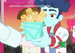 Size: 1011x720 | Tagged: safe, screencap, curly winds, pinkie pie, puffed pastry, some blue guy, wiz kid, equestria girls, equestria girls series, equestria girls specials, g4, my little pony equestria girls: sunset's backstage pass, churros, cropped, discovery family logo, female, food, male, offscreen character, smiling