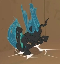Size: 237x252 | Tagged: safe, screencap, queen chrysalis, changeling, changeling queen, frenemies (episode), g4, cave, falling, female, literal butthurt, picture for breezies, this is going to hurt