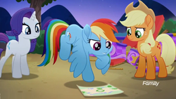 Size: 1366x768 | Tagged: safe, screencap, applejack, rainbow dash, rarity, pony, g4, my little pony: rainbow roadtrip, balloon basket, broken, discovery family logo, map