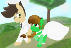 Size: 2795x1897 | Tagged: safe, artist:dyonys, derpibooru exclusive, oc, oc only, oc:lucky brush, oc:night chaser, pony, braid, choker, clothes, dress, female, locket, looking at each other, luckychaser, male, mare, marriage, meadow, necktie, scar, stallion, vest, wedding