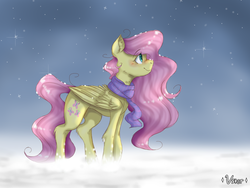 Size: 2048x1536 | Tagged: safe, artist:valiantstar00, fluttershy, pegasus, pony, g4, clothes, ear fluff, female, folded wings, looking at something, mare, profile, scarf, smiling, snow, snowfall, solo, standing, wings, winter, winter outfit