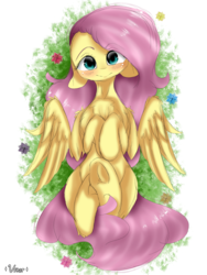 Size: 1800x2400 | Tagged: safe, artist:valiantstar00, fluttershy, pegasus, pony, g4, blushing, chest fluff, female, floppy ears, flower, grass, head tilt, hooves to the chest, looking at you, mare, on back, smiling, solo, spread wings, underhoof, wings