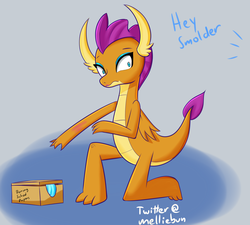 Size: 2000x1800 | Tagged: safe, artist:melliedraws, smolder, dragon, g4, box, clothes, cute, dragoness, dress, eyeshadow, female, lipstick, makeup, offscreen character, princess smolder, secret, smolderbetes, solo