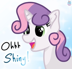 Size: 1072x1017 | Tagged: safe, artist:rainbow eevee, sweetie belle, pony, unicorn, g4, amazed, cute, dialogue, diasweetes, female, filly, girl scout troop 1473, ohh shiny!, open mouth, shiny, simple background, smiling, solo, sparkles, white background