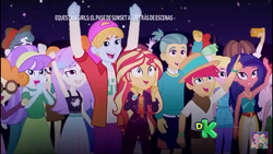Size: 1280x720 | Tagged: safe, screencap, aqua blossom, desert sage, drama letter, guy grove, raspberry lilac, sandy cerise, scott green, scribble dee, snow flower, sunset shimmer, watermelody, wiz kid, equestria girls, equestria girls series, g4, sunset's backstage pass!, spoiler:eqg series (season 2), animation error, background human, cellphone, clothes, female, geode of empathy, magical geodes, male, phone, smartphone