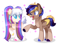 Size: 2211x1649 | Tagged: safe, artist:sugaryicecreammlp, oc, oc only, oc:funfetti, oc:golden delight, earth pony, pegasus, pony, female, male, mare, stallion, two toned wings, wings