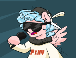 Size: 1012x775 | Tagged: safe, artist:cadetredshirt, cozy glow, pegasus, pony, g4, backwards ballcap, baseball cap, bipedal, bow, cap, cel shading, clothes, cozy flo, cozy glow's true goal, curls, curly hair, curly mane, digital, digital art, female, hair bow, hat, microphone, open mouth, simple background, solo, sunglasses, sweater