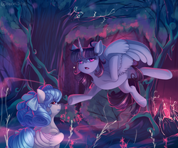 Size: 3000x2500 | Tagged: safe, artist:neonishe, cozy glow, mean twilight sparkle, alicorn, pegasus, pony, forest, tree, twilight sparkle (alicorn)
