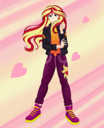 Size: 1242x1528 | Tagged: safe, artist:anonix123, sunset shimmer, human, equestria girls, equestria girls specials, g4, my little pony equestria girls: better together, my little pony equestria girls: sunset's backstage pass, clothes, cutie mark on clothes, female, geode of empathy, jacket, looking at you, magical geodes, pants, shoes, solo