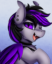 Size: 1446x1764 | Tagged: safe, artist:pridark, oc, oc only, oc:nyro strider, bat pony, pony, bat pony oc, bust, commission, cute, eyebrows, eyebrows visible through hair, fangs, one eye closed, open mouth, portrait, solo, wink