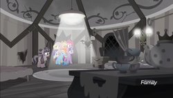 Size: 1360x768 | Tagged: safe, screencap, applejack, fluttershy, petunia petals, pinkie pie, rainbow dash, rarity, twilight sparkle, alicorn, earth pony, pegasus, pony, unicorn, g4, rainbow roadtrip, bags, bed, ceiling light, cracks, curtains, desaturated, dirty, discovery family logo, door, drawer, female, grayscale, hotel room, lights, mane six, mare, monochrome, suite, surprised, twilight sparkle (alicorn), wallpaper, window