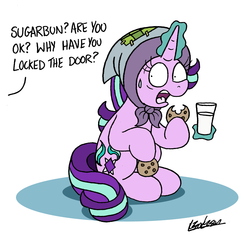 Size: 1581x1484 | Tagged: safe, artist:bobthedalek, starlight glimmer, pony, unicorn, g4, atg 2019, blanket, clothes, cookie, eating, fathers gonna father, fear, female, food, headscarf, hoof hold, implied firelight, magic, mare, milk, newbie artist training grounds, scarf, telekinesis