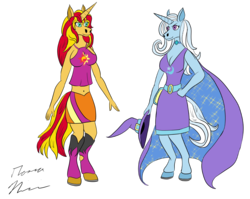 Size: 4833x3847 | Tagged: safe, artist:red-dragon-x7, sunset shimmer, trixie, unicorn, anthro, g4, belly button, clothes, equestria girls outfit, female, lesbian, ship:suntrix, shipping