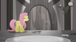Size: 1364x768 | Tagged: safe, screencap, fluttershy, pony, g4, my little pony: rainbow roadtrip, broken, desaturated, discovery family logo, door, female, grayscale, keyhole, lamp, light, mare, monochrome, shattered, solo