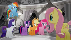 Size: 1366x768 | Tagged: safe, screencap, applejack, fluttershy, pinkie pie, rainbow dash, rarity, twilight sparkle, alicorn, pony, g4, my little pony: rainbow roadtrip, bed, broken, curtains, desaturated, discovery family logo, female, grayscale, hotel room, lights, mane six, monochrome, twilight sparkle (alicorn), window