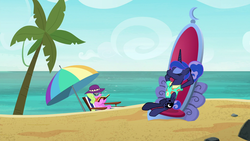 Size: 1920x1080 | Tagged: safe, screencap, daisy, flower wishes, princess luna, pony, between dark and dawn, g4, beach, clothes, lotta little things, shirt, throne