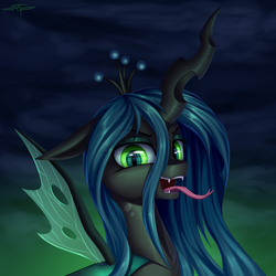 Size: 3000x3000 | Tagged: safe, artist:setharu, queen chrysalis, changeling, changeling queen, pony, bust, crown, fangs, female, forked tongue, jewelry, portrait, regalia, solo, tongue out