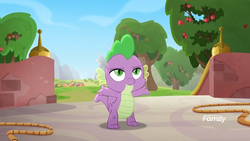 Size: 1280x720 | Tagged: safe, screencap, spike, dragon, g4, my little pony: rainbow roadtrip, apple tree, baby, claws, fangs, folded wings, lidded eyes, looking up, male, open arms, ponytail, rope, slit pupils, smiling, solo, tail, toes, tree, winged spike, wings