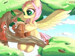 Size: 2000x1500 | Tagged: safe, artist:velcius, fluttershy, chipmunk, pegasus, pony, squirrel, g4, blushing, colored eyebrows, colored eyelashes, colored pupils, cute, female, flying, mare, shyabetes, smiling, spread wings, tree, tree branch, wings