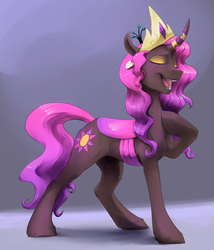 Size: 1090x1275 | Tagged: safe, artist:silfoe, oc, oc only, oc:princess rubellite tourmaline, changeling, changepony, hybrid, celestia's crown, changeling oc, commission, crown, eyes closed, female, holeless, hoof on chest, horn, horn ring, interspecies offspring, jewelry, magical lesbian spawn, mare, offspring, parent:princess celestia, parent:queen chrysalis, parents:chryslestia, pink changeling, purple background, regalia, simple background, smiling, solo, trans female, transgender