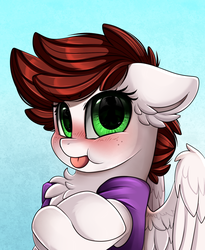 Size: 1446x1764 | Tagged: safe, artist:pridark, oc, oc only, oc:graph travel, pegasus, pony, :p, angry, bleh, blushing, bust, chest fluff, clothes, commission, crossed hooves, cute, female, freckles, green eyes, looking at you, mare, portrait, pridark is trying to murder us, solo, spread wings, tongue out, vest, wing fluff, wings