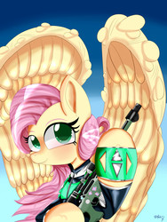 Size: 2448x3264 | Tagged: safe, artist:velcius, fluttershy, pony, g4, armor, cute, gun, high res, shyabetes, solo, weapon