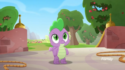 Size: 1280x720 | Tagged: safe, screencap, spike, dragon, g4, my little pony: rainbow roadtrip, apple tree, baby, claws, cute, discovery family logo, folded wings, frown, looking up, male, ponytail, solo, tail, tree, winged spike, wings