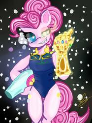 Size: 1024x1366 | Tagged: safe, artist:velcius, pinkie pie, earth pony, semi-anthro, g4, arm hooves, avengers: infinity war, clothes, cosplay, costume, infinity gauntlet, party cannon, solo, thanos, xk-class end-of-the-world scenario