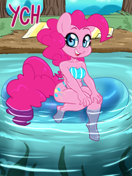 Size: 3000x4000 | Tagged: safe, artist:annakitsun3, pinkie pie, earth pony, anthro, unguligrade anthro, g4, bare shoulders, beach towel, bikini, clothes, commission, cute, diapinkes, female, inflatable, inner tube, lake, looking at you, open mouth, solo, swimsuit, water, ych example, your character here