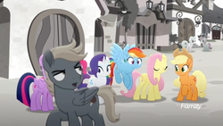 Size: 1366x768 | Tagged: safe, screencap, applejack, fluttershy, pastelia, petal shower, pinkie pie, polo star, rainbow dash, rarity, twilight sparkle, alicorn, pegasus, pony, g4, my little pony: rainbow roadtrip, background pony, building, confused, desaturated, discovery family logo, grayscale, hope hollow, male, mane six, monochrome, stallion, twilight sparkle (alicorn), unnamed character, unnamed pony, weirded out