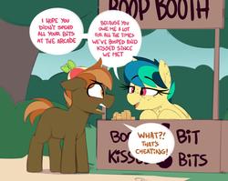 Size: 1175x935 | Tagged: safe, artist:shinodage, button mash, oc, oc:apogee, earth pony, pegasus, pony, g4, angry eyes, apogees boop booth, blushing, boop, boop booth, bush, buttongee, canon x oc, colt, eye clipping through hair, eyebrows, eyebrows visible through hair, female, filly, flirting, foal, freckles, hat, kissing booth, lidded eyes, male, open mouth, propeller hat, shipping, smug, teasing