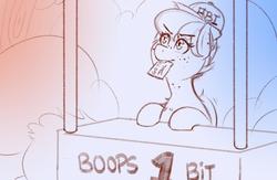 Size: 1300x850 | Tagged: safe, artist:banbanji, oc, oc only, oc:apogee, pegasus, pony, apogees boop booth, boop booth, eye clipping through hair, fbi, freckles, hat, jailbait, kissing booth, lineart, monopoly, mouth hold, pegasus oc, solo, wings