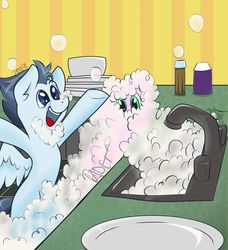 Size: 1280x1403 | Tagged: safe, artist:cadetredshirt, oc, oc:silver span, pony, babscon, babscon 2019, bubble, dishes, kitchen, simple background, sink, smiling
