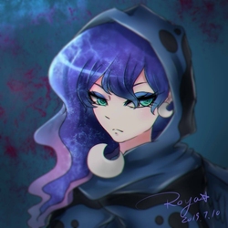 Size: 1000x1000 | Tagged: safe, artist:roya, princess luna, spirit of hearth's warming yet to come, human, a hearth's warming tail, g4, bust, cloak, clothes, crescent moon, ear piercing, earring, female, humanized, jewelry, lidded eyes, moon, piercing, pixiv, portrait, solo